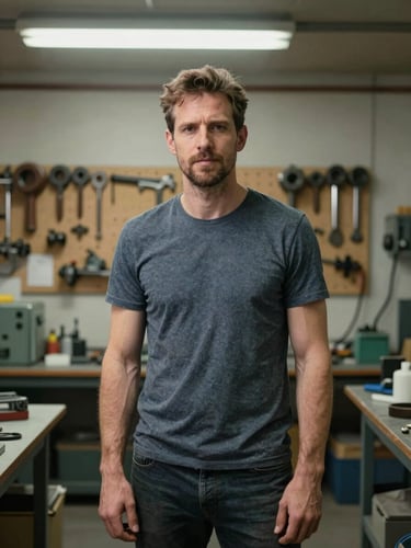Environmental portrait of a man in his mid-30s standing in a small manufacturing workshop, tools visible on pegboard behind him, daylight from a skylight overhead, direct forward gaze, relaxed stance