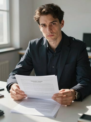 Close-up environmental portrait: a hiring manager seated at a plain desk reviewing printed documents, natural window light casting honest shadows across the papers, direct gaze toward camera, sparse workspace visible in background
