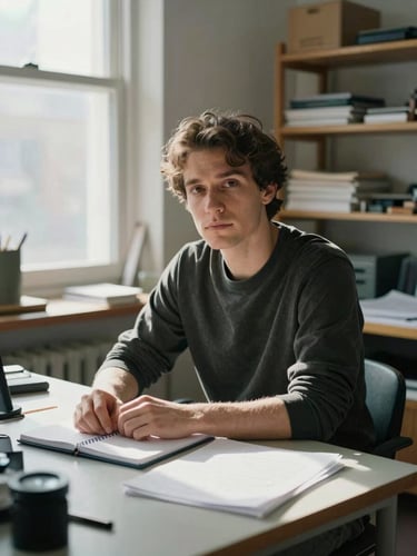 Close environmental portrait of a person seated at a cluttered worktable in a small studio, daylight from a side window illuminating their hands resting on a notebook, direct gaze toward camera, shelves of materials visible in background, honest shadows, no artificial lighting