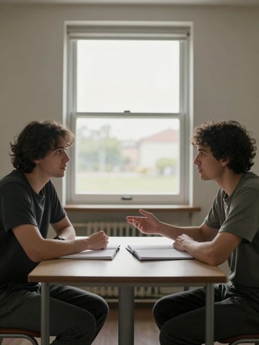 Wide environmental shot, two people seated across a small table in a quiet meeting room, natural daylight from a window behind them, one person gesturing toward an open notebook while the other listens with attention, honest documentary framing, no props or staging, overhead ambient light absent — only window light