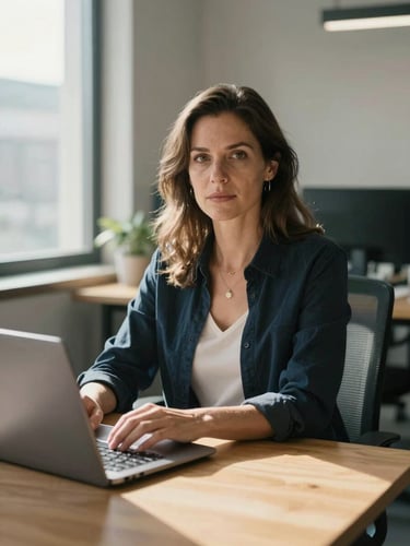 Close environmental portrait of a woman in her early 40s seated at a wooden desk in a bright open-plan office, direct gaze at camera, natural window light casting soft shadows, laptop closed beside her, casual professional attire