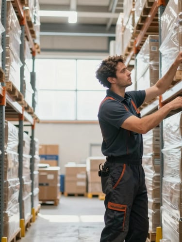 Dynamic medium-wide shot of a focused Dutch logistics worker organizing inventory in a bright, modern warehouse, daylight streaming in, 35mm lens, high contrast.