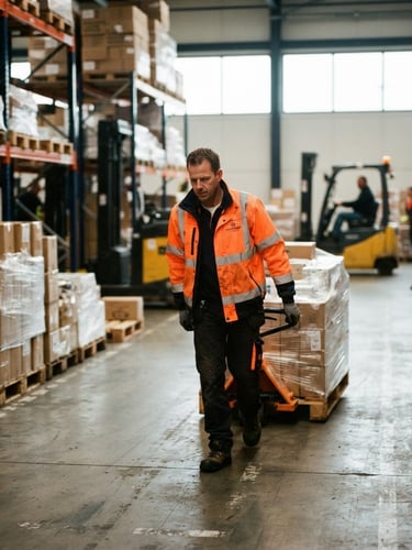 Dynamic medium-wide shot of an active warehouse in the Netherlands, a focused worker in high-visibility gear moving cargo under bright natural daylight, 35mm lens, shallow depth of field