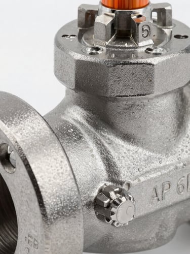 Macro detail shot of a pristine steel globe valve flange showing API 6D cast markings, sharp technical daylight, metallic gray tones