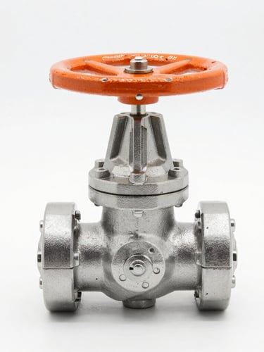 Straight-on portrait of a newly manufactured steel gate valve, clean high-key studio lighting, metallic steel and safety orange tones, macro lens