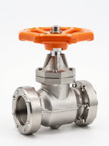 Straight-on product portrait of a pristine, newly manufactured carbon steel ball valve with a safety orange lever, high-key studio lighting, metallic steel tones, macro lens