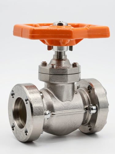 Straight-on product portrait of a pristine, newly manufactured stainless steel trunnion-mounted ball valve, high-key studio lighting, metallic steel tones, macro lens, safety orange actuator handle