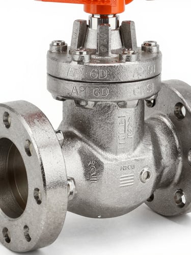 Macro detail shot of a heavy steel ball valve flange and stem casting, showing stamped API 6D and ANSI class markings, clean industrial daylight