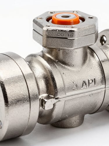 Macro studio shot of a newly manufactured stainless steel ball valve with crisp API casting stamps, high-contrast technical lighting