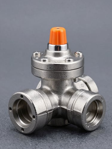 Macro studio photograph of a pristine, newly manufactured stainless steel safety relief valve, showing clean metal casting stamps, high-key technical lighting, slate gray and safety orange tones.