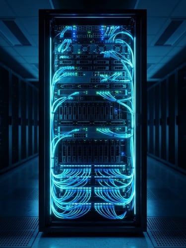 Wide shot of a modern, high-tech server rack in a dark, climate-controlled data center, electric blue and cyan data flows visible, sharp rim-lighting, 8k.
