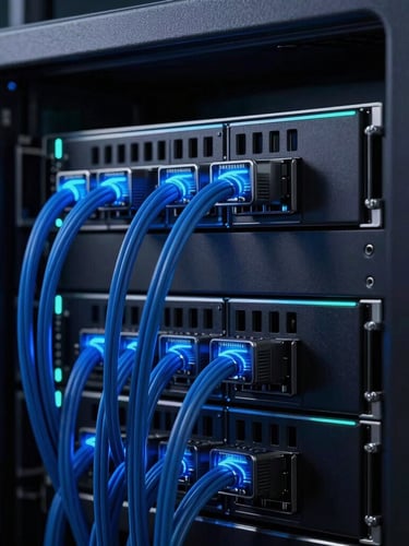 Close-up of a sleek, dark server rack with glowing electric blue data lines, sharp focus on intricate components, moody low-key studio lighting, 8k