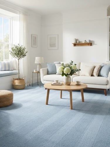 Bright airy photography, natural morning daylight, clean living room with a sunlit window, freshly vacuumed light blue carpet, 35mm lens