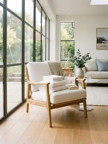 Bright airy living room with soft morning sun streaming through large windows, clean wooden floor, neatly folded white towels on a chair, 35mm lens