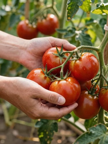 Portrait shot of hands carefully harvesting fresh, ripe tomatoes in a sunlit organic garden, focus on the hands and tomatoes, soft natural light, warm editorial food photography, rich crimson and forest green accents, shallow depth of field, 35mm