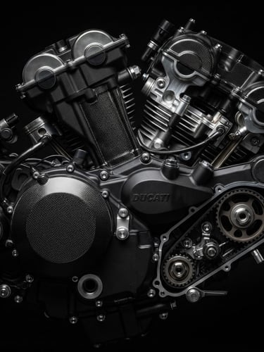 Low-key dramatic studio shot of a high-performance motorcycle engine block with machined parts and carbon fiber textures, sharp metallic reflections, 85mm lens
