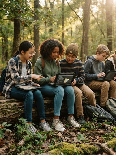 Warm editorial photography of a diverse group of middle school students sitting on a fallen log in a Missouri forest, coding on rugged tablets under filtered golden hour sunlight, authentic documentary style.