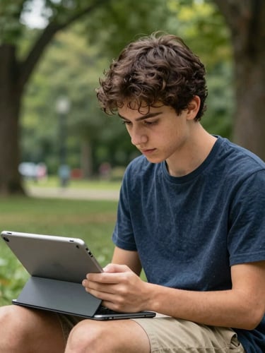 Warm editorial portrait of a student coding on a tablet outdoors in a lush Missouri park, surrounded by green foliage, shallow depth of field, natural daylight through trees.
