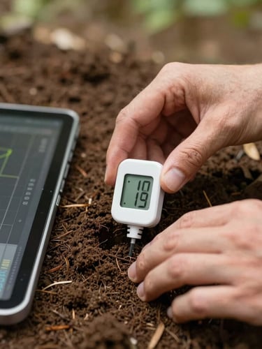 Close-up documentary shot of hands installing a digital soil moisture sensor in rich earth, a tablet showing data graphs nearby, soft natural lighting
