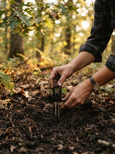 Close-up of hands placing a small digital soil sensor into rich dark earth, soft golden hour daylight filtering through oak leaves in a Missouri woodland.