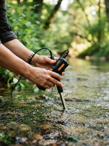 A close-up of hands holding a water-quality sensor dipped in a clear Missouri creek, background of lush green summer foliage, diffused natural sunlight filtering through leaves.