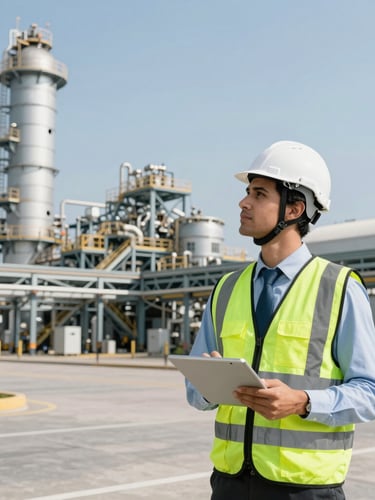 Wide environmental shot of a modern Brazilian industrial plant under bright daylight, a professional engineer wearing a white helmet and high-visibility vest holding a tablet in the foreground, sharp focus, cool slate tones.