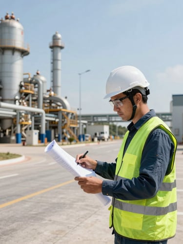 Wide environmental shot of an active industrial site in Brazil, technical supervisor wearing proper PPE, white helmet and safety vest, looking over blueprints, bright natural daylight, high contrast