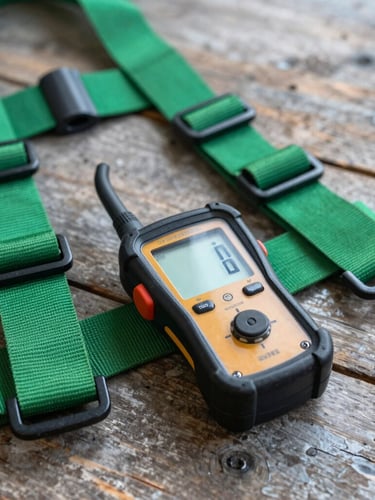 Close-up of industrial safety equipment, high-visibility green harness and professional sound level meter on a rustic wooden table, soft natural side lighting, crisp focus