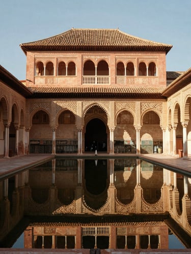 Symmetrical view of the Patio de los Arrayanes, perfect reflection of the arches in the still water pool, early morning light, no people, editorial photography.