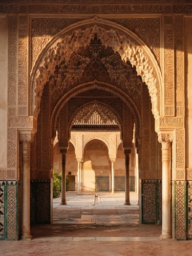 Symmetrical architectural detail of a plasterwork archway in the Alhambra, warm golden-hour sunlight casting long shadows, rich terracotta stone texture, 35mm photography.