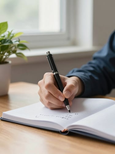 Close-up of a student hand writing observations in a paper notebook next to green potted leaves on a wooden desk, soft natural window light, school environment.