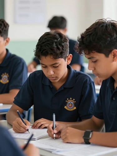 Medium shot of Colombian high school students in navy uniforms collaborating on a project in a bright classroom, natural daylight, focus on their school emblem