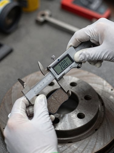 Close-up of a technician's gloved hands using digital calipers to measure brake pad thickness on a disassembled rotor, overhead bay lighting, workshop bench visible in background, precision instrument in sharp focus