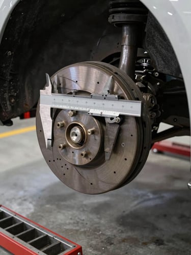 Close-up framing of steel calipers measuring brake disc thickness on a lifted vehicle in a clean overhead-lit bay, precision tool grips in sharp focus, concrete floor and organized tool rack visible at the edge