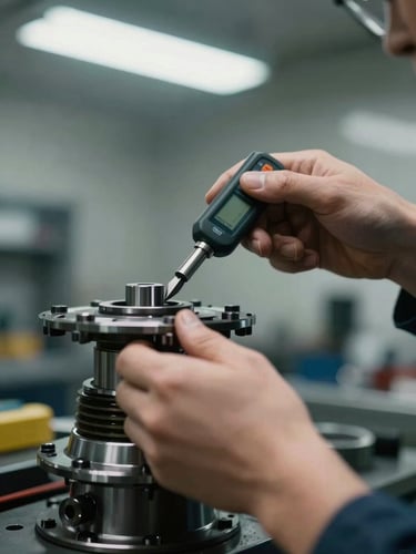 Close-up of a technician's hands using a digital torque wrench on a wheel hub in a clean workshop bay, overhead bay lighting, precise framing of the tool contact point, no face visible