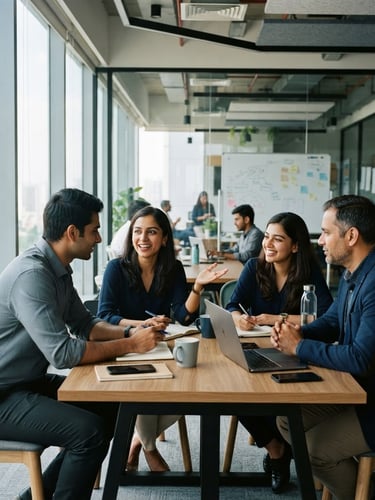 A professional collaborative discussion in a modern Bengaluru office, bright natural light, clean slate and navy tones, sharp focus, 35mm
