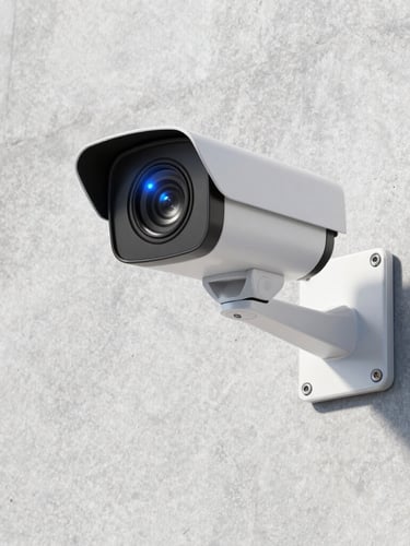 A high-definition security camera neatly mounted on a clean concrete wall, crisp cool daylight, sharp blue accent light visible on the sensor, 35mm lens.