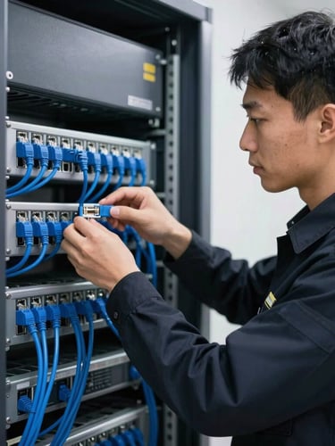 Professional security technician in a clean dark uniform neatly organizing blue ethernet cables inside a metal rack enclosure, crisp cool lighting.