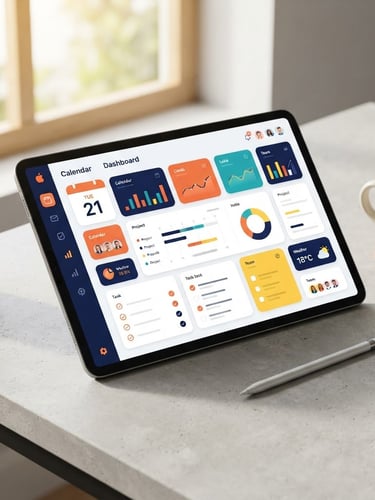 Bright editorial product photography of a modern tablet displaying a clean, colorful productivity layout on a light gray desk, crisp morning window light, warm orange accents, high-fidelity mockup.