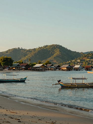 Cinematic wide shot of a traditional Indonesian coastal village at golden hour, calm sea, wooden boats on the sand, lush green hills in the background, generous negative space on top.