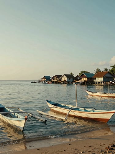 Cinematic wide shot of an Indonesian coastal village at golden hour, calm sea, traditional wooden boats on the shore, warm natural sunlight.