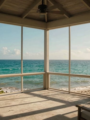 Bright wide-angle shot of a private screened lanai overlooking the turquoise waters of the Gulf of Mexico, warm afternoon sunlight, soft shadows