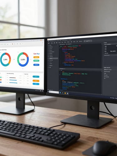 Wide shot of a developer's dual-monitor setup showing a performance dashboard with Core Web Vitals metrics and clean code in an IDE, neutral daylight from a side window, keyboard in sharp foreground