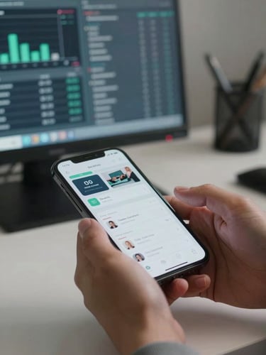 Focused close-up of hands scrolling through a mobile app interface on a phone resting on a desk, secondary monitor showing analytics data in the background, cool neutral office lighting