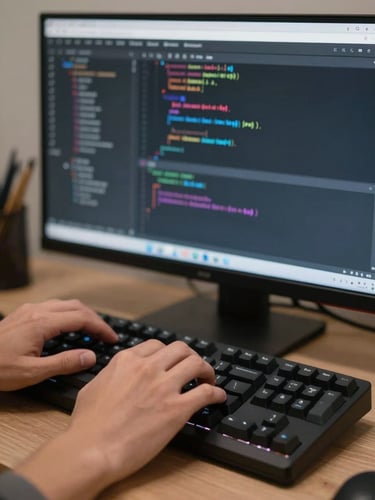 Close-up of a developer's hands on a mechanical keyboard, code editor open on a large monitor behind, search-console data visible in a secondary browser tab, neutral office lighting, shallow depth of field on the hands