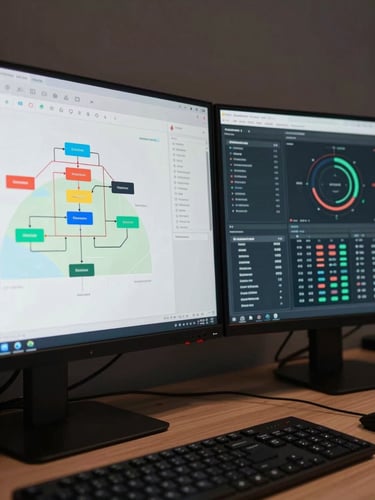 Wide-angle close-up of a developer's dual-monitor workstation showing a site architecture diagram on the left screen and a live search-performance analytics dashboard on the right, cool studio lighting, cables and keyboard visible in foreground, no people, full interface context visible