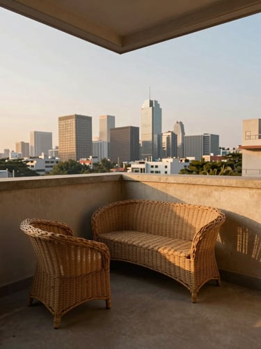 Medium-wide environmental shot of a narrow concrete balcony overlooking the city skyline at golden hour, a compact wicker conversation set placed perfectly in the tight corner, warm low-angle shadows.