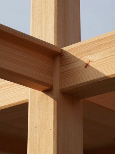 Warm editorial photography, close-up of a tactile cedar timber join under low-angle golden hour sunlight, sharp architectural shadows, medium format.