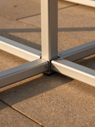 Warm golden-hour light hitting a close-up of marine-grade aluminum frame joins, soft geometric shadows cast on a sand-colored stone deck, medium format.