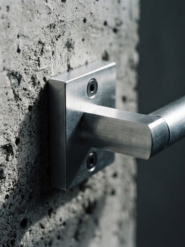 Extreme close-up of a solid-milled aluminum door handle mounted on raw concrete, dramatic side-lighting, sharp metallic grain, high-contrast shadows, macro lens, 35mm